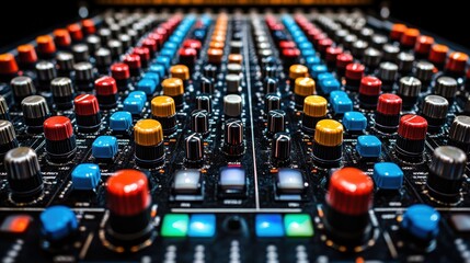 Obraz premium A detailed and colorful close-up view of an audio mixing console with numerous knobs and sliders illustrating the complexities of sound engineering