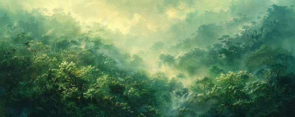 Obraz premium Lush green landscape shrouded in mist, creating a serene and mystical atmosphere in a dense forest setting.