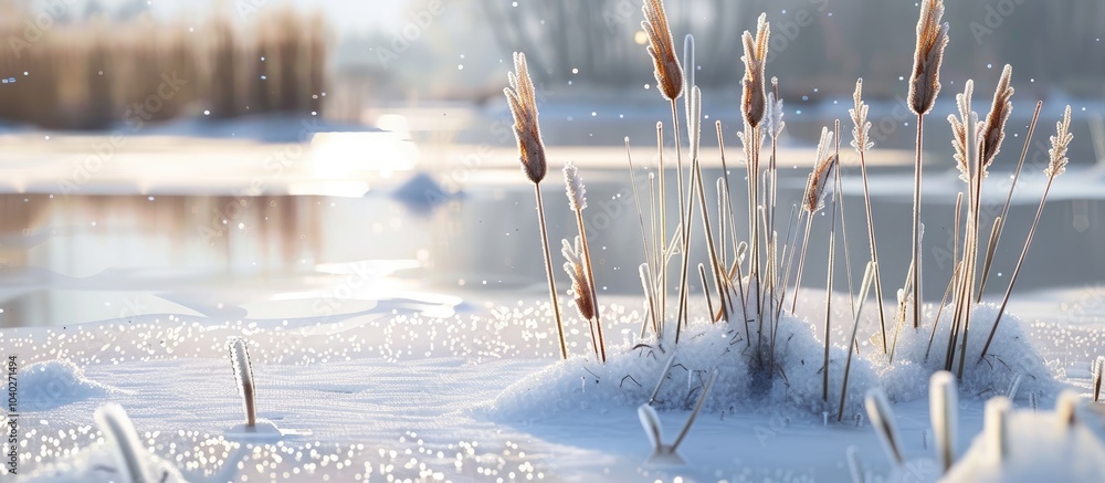 Poster cattails growing in the foreground of a frozen lake create a serene winter scene with copy space ima