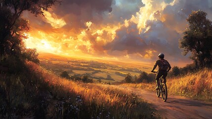 Fototapeta premium A helmeted biker riding through a countryside road, the landscape dotted with rolling hills and scattered trees, the sky transitioning to the colors of sunset,