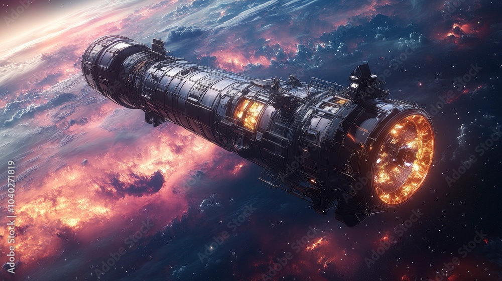 Poster vast interstellar spaceship exploring the cosmos in a colorful nebula