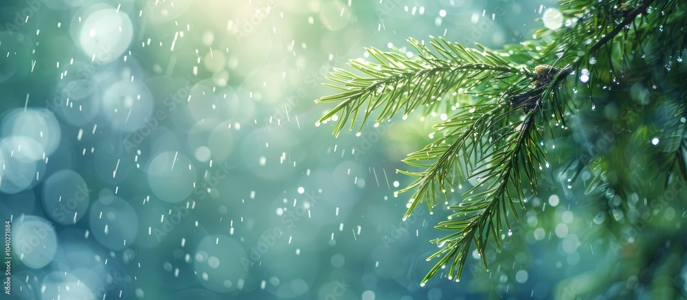 Poster high quality photo of a rain drenched evergreen cypress branch against the sky with blurred backgrou