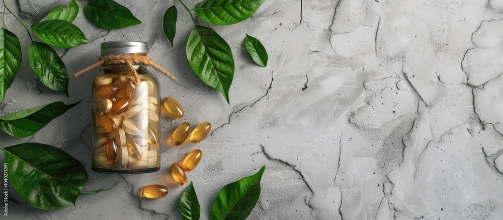 Poster top down view of a bottle filled with pills and adorned with green leaves on a concrete backdrop wit