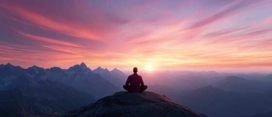 A man enjoys a peaceful moment at a mountain summit, meditating against the stunning backdrop of a colorful sunset, embodying tranquility and freedom.