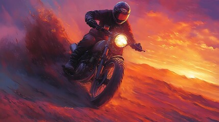 A helmeted biker riding through an expansive desert, the motorcycle kicking up sand, giant dunes glowing under the vibrant colors of a sunset, the sky transitioning from orange to deep purple,