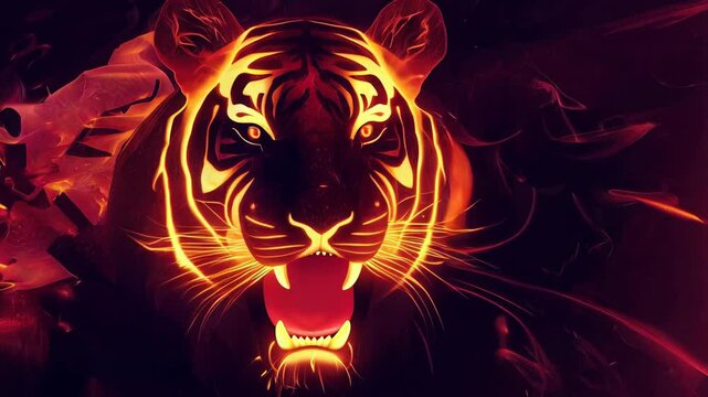 a powerful tiger with glowing stripes emerging from a fiery background, roaring fiercely with its mouth wide open. AI-Generated