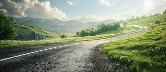 Sunny day view of a road by a lush green hillside and field with a copy space image of the scenic landscape