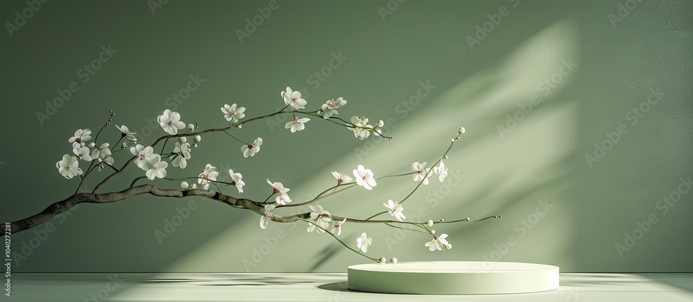 Poster blooming branches on a green backdrop with shadows create a picturesque setting for decorative podiu