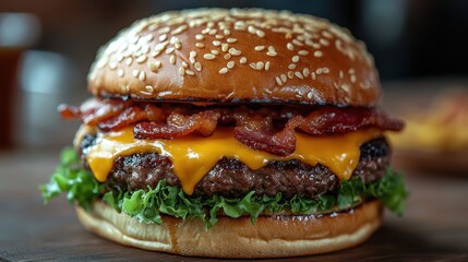 Gourmet bacon cheeseburger with fresh ingredients on a toasted bun