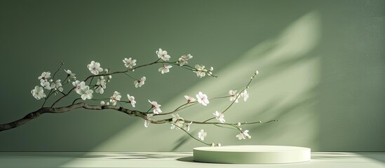 Blooming branches on a green backdrop with shadows create a picturesque setting for decorative podiums in a copy space image