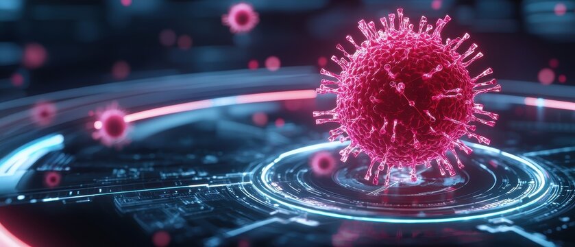 Abstract visualization of an advanced AI-driven malware detection system, showcasing a virus simulation with technological elements depicting cybersecurity and risk prevention processes. - Powered by Adobe