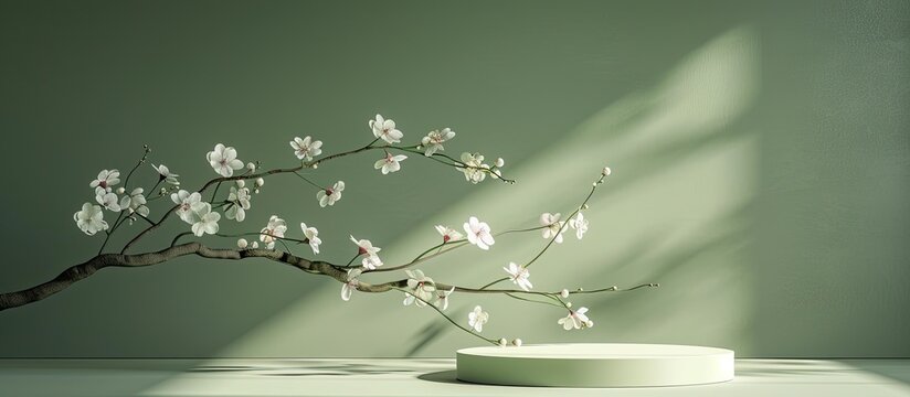 Blooming branches on a green backdrop with shadows create a picturesque setting for decorative podiums in a copy space image