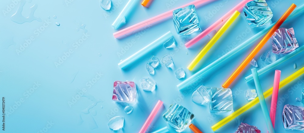 Poster summer themed composition featuring vibrant cocktail straws and ice cubes on a light blue backdrop i