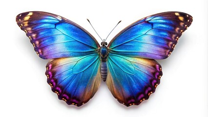 Aerial view of a Color Morpho butterfly on a white background