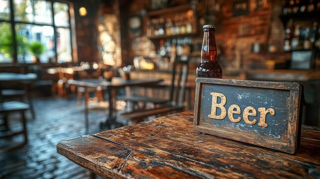 Rustic brewery interior with a wooden table, classic beer bottle, and vintage signage creating a nostalgic atmosphere in a quaint pub setting