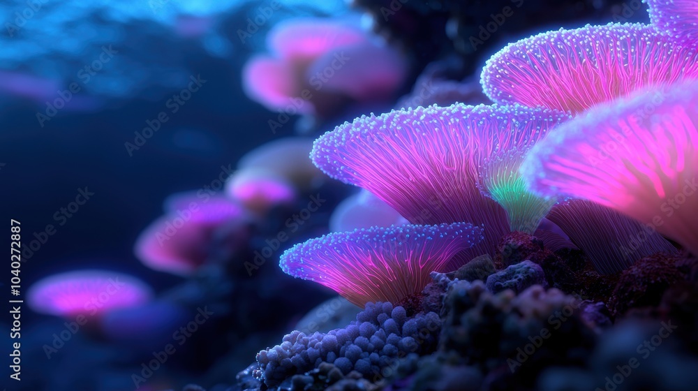 Wall mural explore a mesmerizing underwater scene showcasing vibrant fluorescent corals glowing in the dark wat