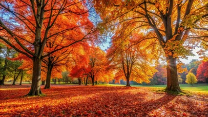 Naklejka premium Stunning Autumn Landscape with Colorful Foliage in Park - Panoramic View of Falling Leaves and Natural Beauty