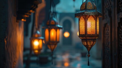 A group of lanterns hang from the side of a building, providing warm lighting