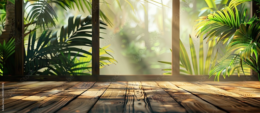 Poster beautiful wooden table with blurred window glass and tropical leaves wall creating a stunning backdr