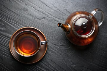 Aerial view of a cup of black tea with teapot in background