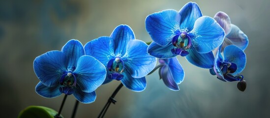 The stunning beauty of blue orchids in bloom creates an exquisite visual experience in the early morning light ideal for a copy space image