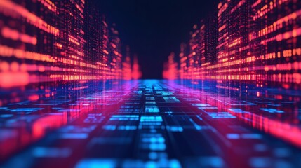 Fototapeta premium A vibrant digital landscape with glowing lines and grids in blue and red, suggesting a futuristic data-driven city.