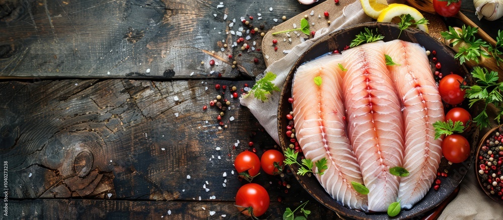Poster fresh tilapia fillet a delicious seafood appetizer displayed on a rustic table with a copy space ima