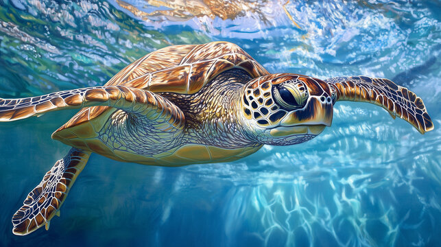 Tranquil blue sea turtle swimming through the ocean, with detailed shell patterns and marine beauty 