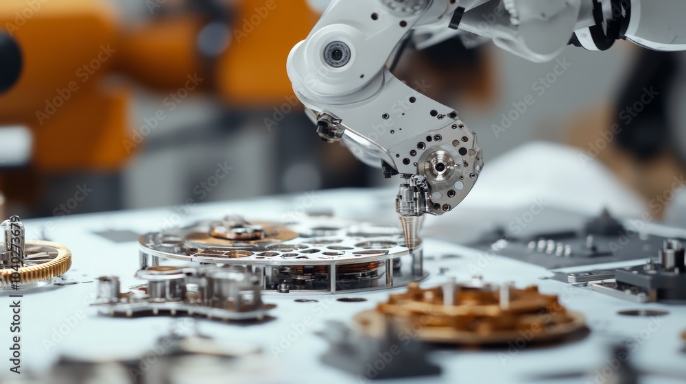 Poster A robotic arm assembling intricate clockwork mechanisms in a precision engineering workshop, clean and detailed workspace, Mechanical style