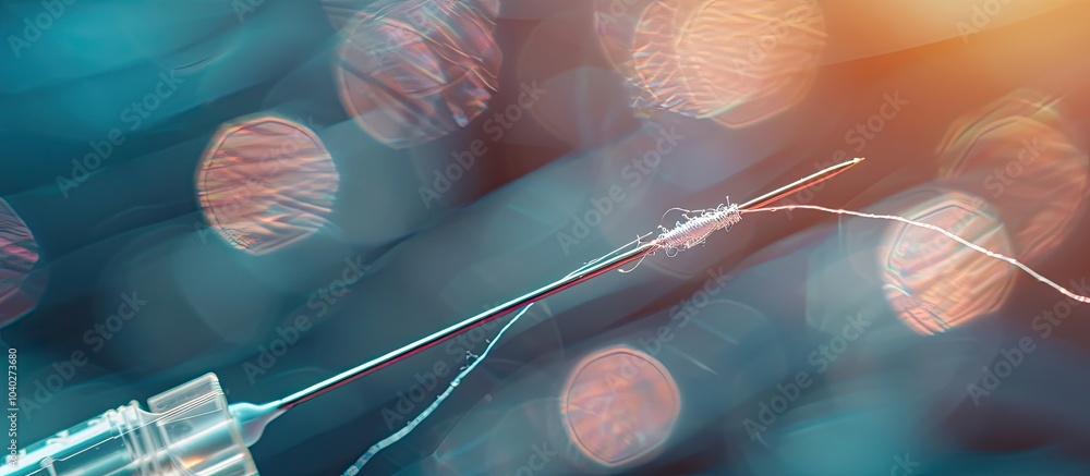Poster close up side view of a needle with thread against a blurred background ideal as a copy space image 