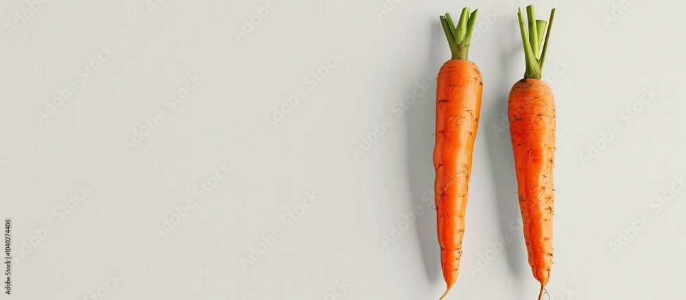 Poster two vibrant carrots placed on a blank isolated white backdrop with copy space image