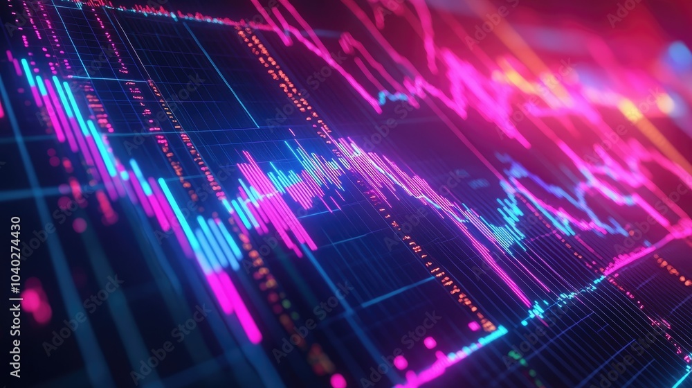 Poster abstract depiction of financial graphs and charts in neon colors