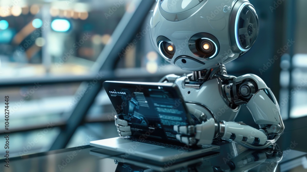 Aufkleber a robot sitting at a table with a laptop, illustrating remote work or automation