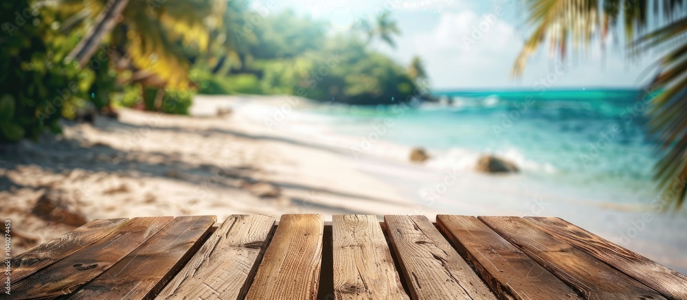 Poster a wooden table set on a tropical beach with blurred background enhances summer product presentations