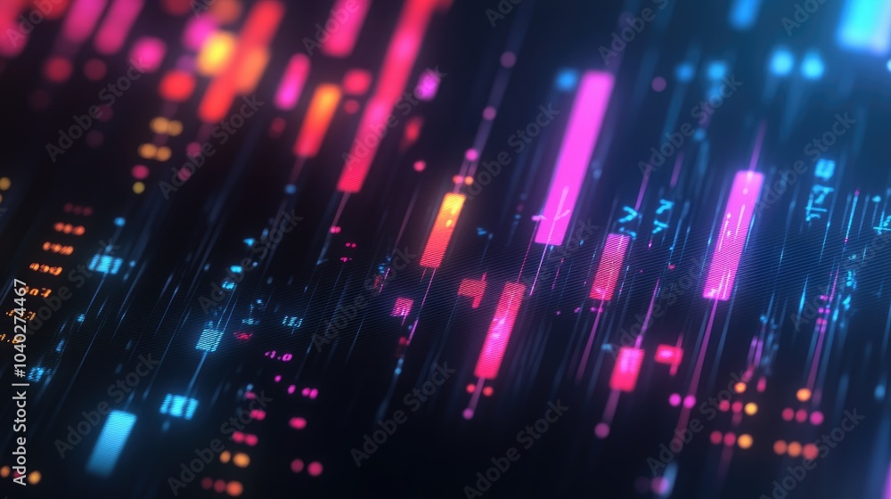 Poster abstract depiction of financial graphs and charts in neon colors