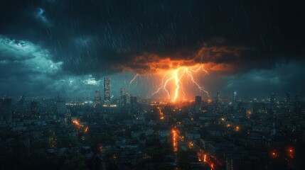 Obraz premium Dramatic lightning strikes over urban landscape during stormy night