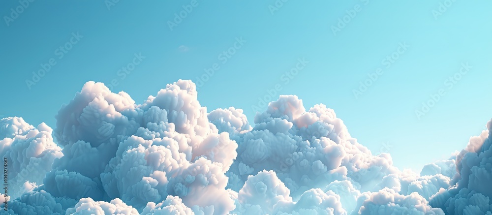 Poster Fluffy white cone shaped clouds drifting across from bottom left to middle left against a blue sky backdrop with copy space image