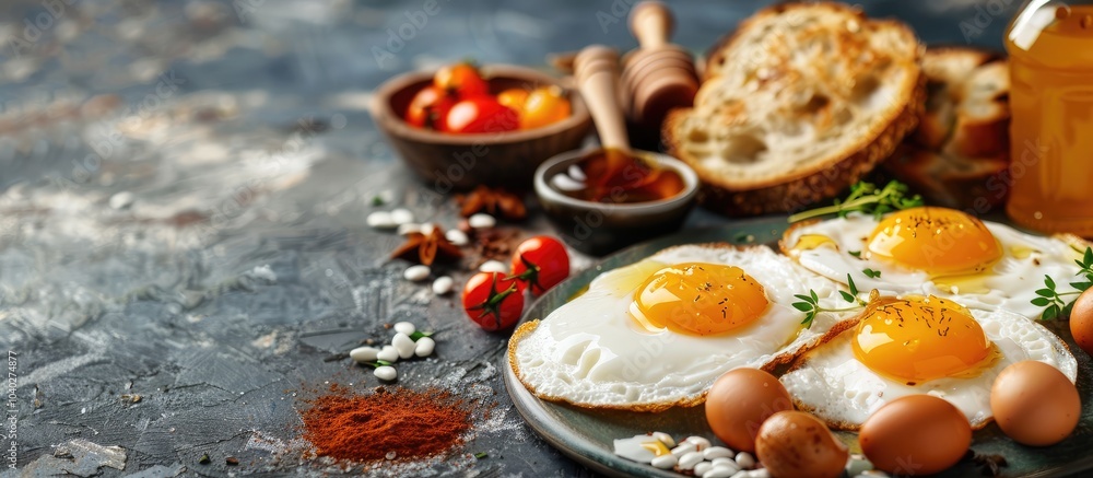 Poster turkish breakfast display with fried eggs bread honey and various toppings on a copy space image