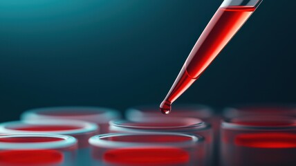 Droplet of red liquid from pipette into test tubes on a blue background.
