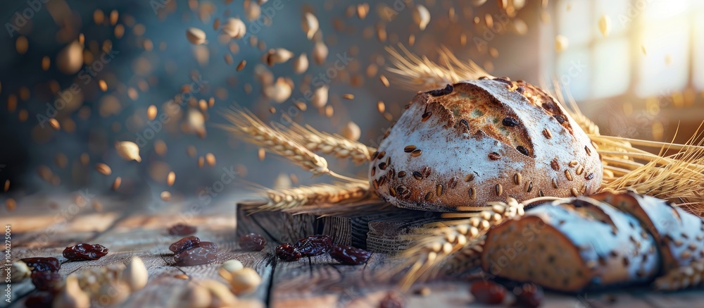 Poster wheat ears and raisin bread on a rustic wooden table with a background ideal for a copy space image