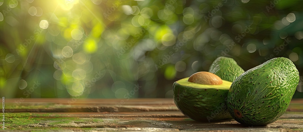 Poster avocado displayed on a wooden table against a natural background in a close up copy space image suit