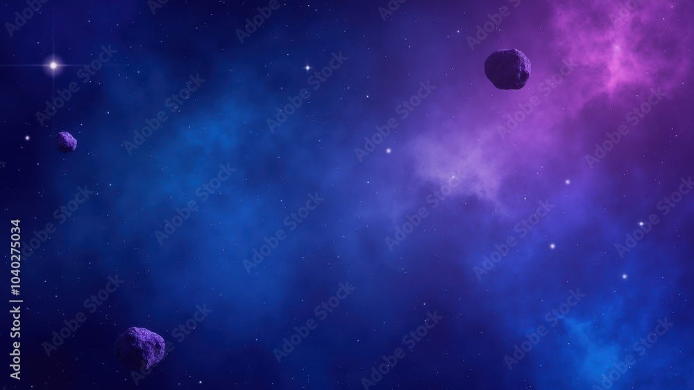 Poster cosmic background with asteroids and colorful nebulae