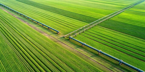 Aerial view of a green meadow with irrigation pipes and a fire drill