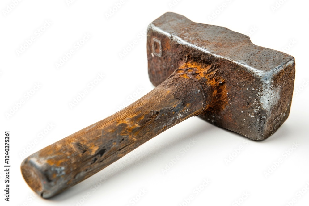 Poster a close-up image of a hammer with a wooden handle placed on a white background, ideal for use in diy