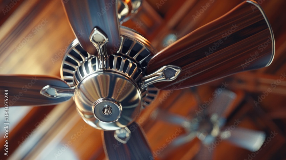 Poster a close-up shot of a ceiling fan in a room, suitable for use in interior design or architecture proj