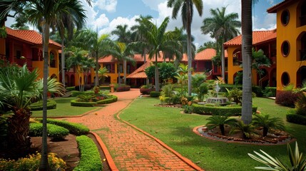 Obraz premium Charming courtyard garden with lush greenery and vibrant architectural elements surrounded by palm trees and colorful buildings under a clear sky