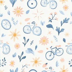 Fototapeta premium pattern filled with doodles of bicycles, flowers, and sunshine, all rendered in cool pastel colors like pale blue and soft pink,