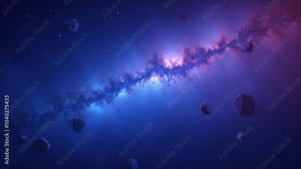 Poster stunning galaxy in deep space with asteroids floating
