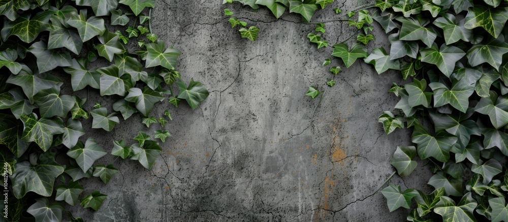 Poster ivy leaves in green shade stand out against a textured grey concrete wall creating a natural backdro
