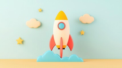 A colorful rocket takes off against a pastel background with clouds and stars, symbolizing creativity and exploration in a playful design style.